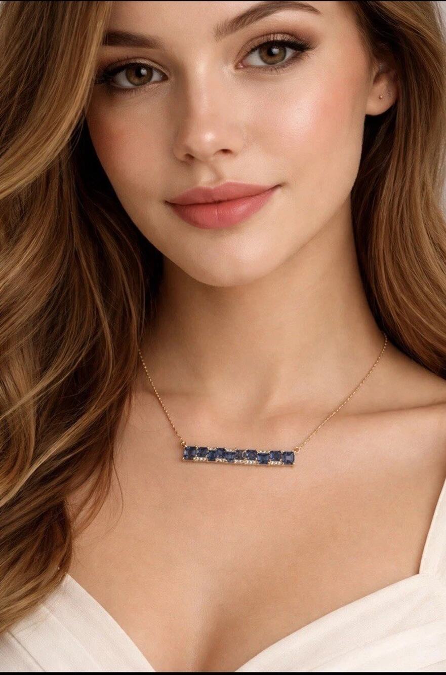 Bomb Party RBP8842 Bar Necklace Travel Far and Wide Blue Zircon Spinal Gold Pl